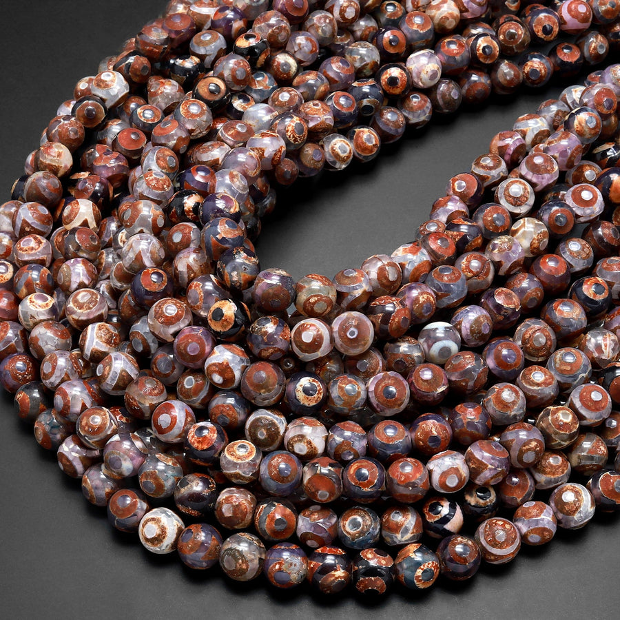 Tibetan Agate 6mm 8mm 10mm Round Beads Dzi Agate Brown Green Etched Eye Mala Antique Boho Beads 15.5" Strand