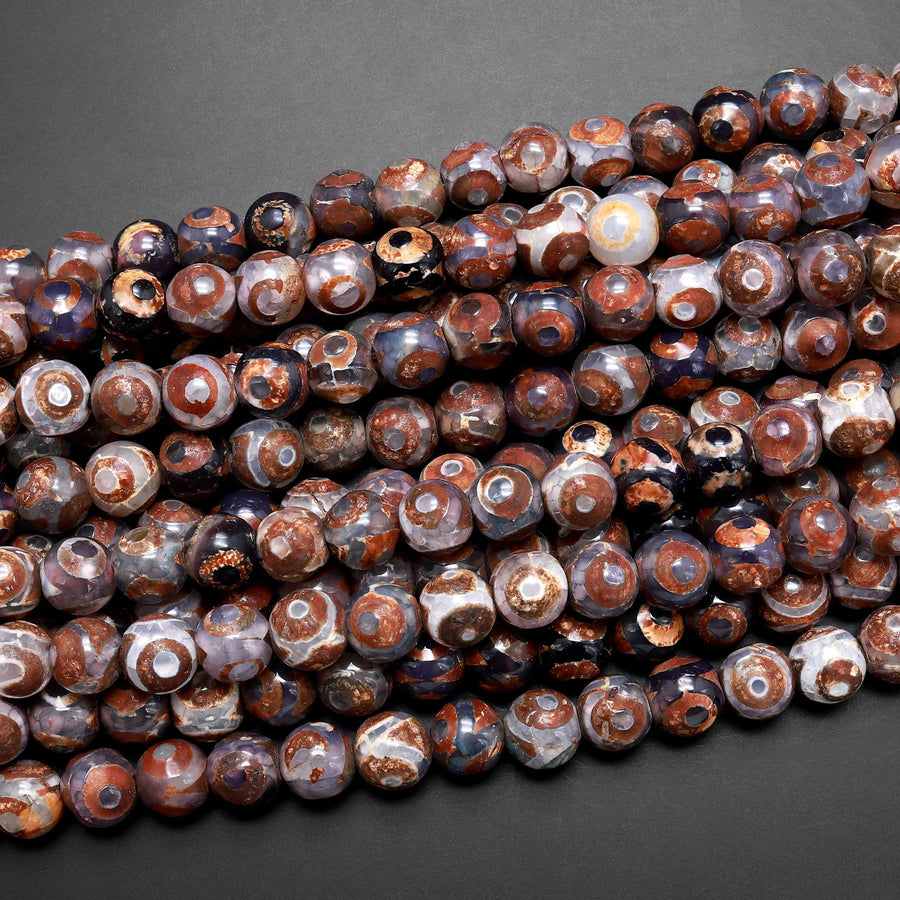 Tibetan Agate 6mm 8mm 10mm Round Beads Dzi Agate Brown Green Etched Eye Mala Antique Boho Beads 15.5" Strand