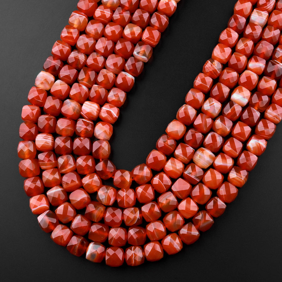 Faceted Natural Red Agate 6mm 8mm Faceted Cube Beads 15.5" Strand