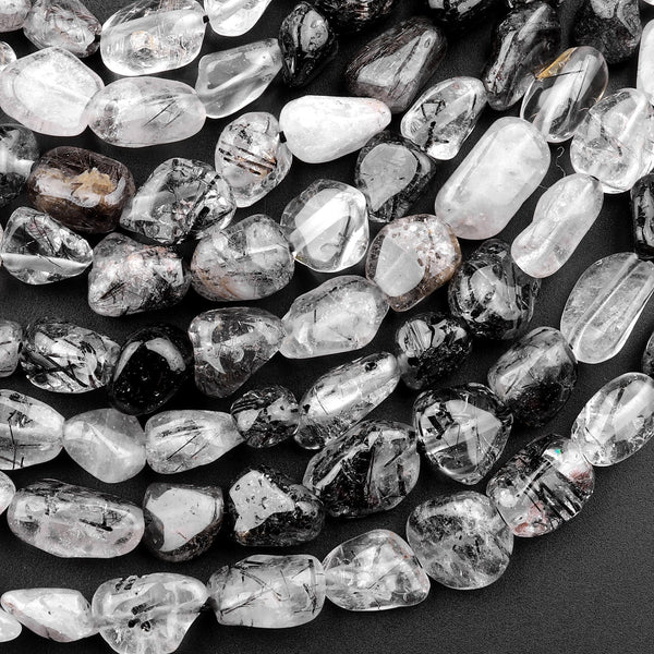 Natural Black Tourmaline Rutile Quartz Freeform Chip Pebble Nugget Beads Gemstone 15.5" Strand