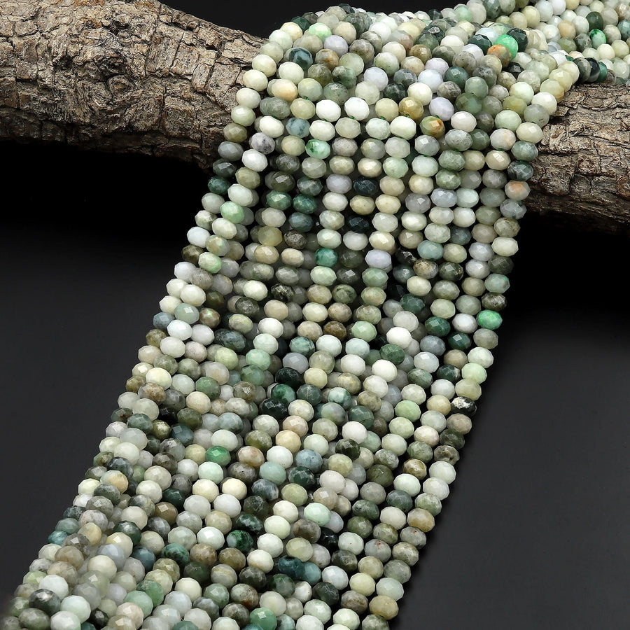 Natural Green Burma Burmese Jade 6mm Faceted Rondelle Beads 15.5" Strand