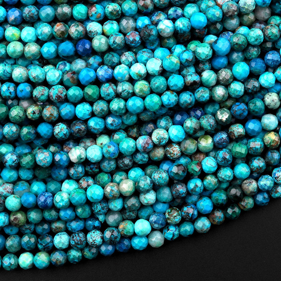 AAA Micro Faceted Natural Chrysocolla Azurite Round Beads 3mm 4mm Vibrant Blue Green Gemstone From Arizona 15.5" Strand