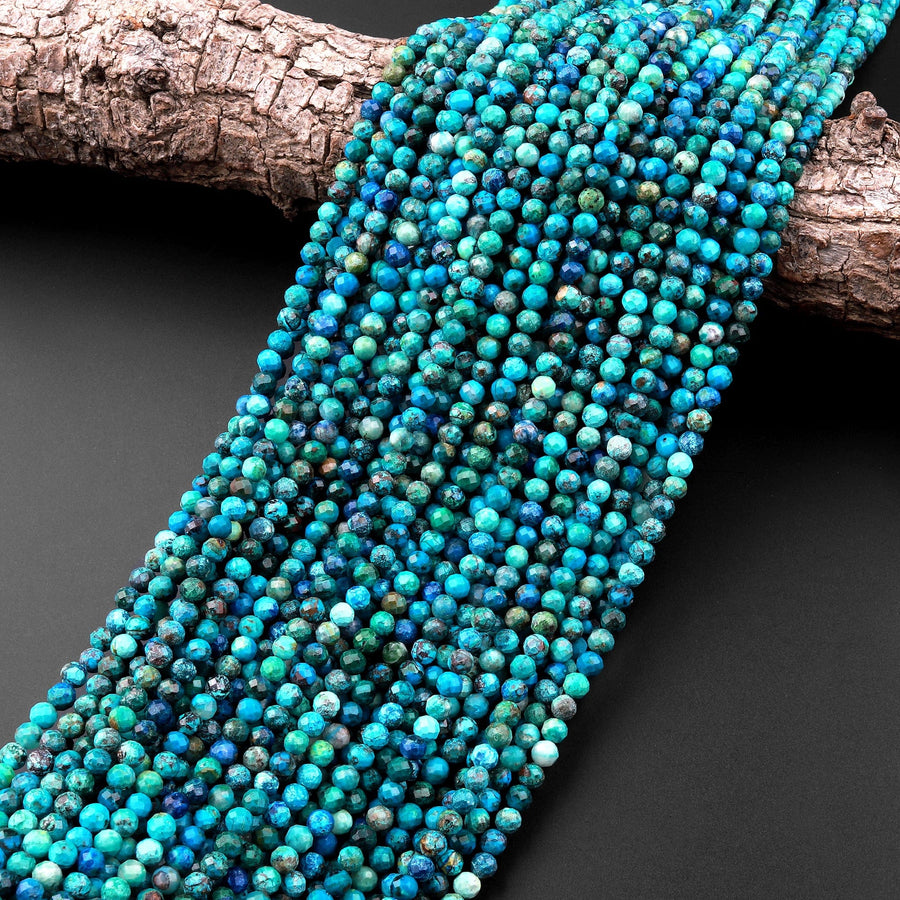 AAA Micro Faceted Natural Chrysocolla Azurite Round Beads 3mm 4mm Vibrant Blue Green Gemstone From Arizona 15.5" Strand