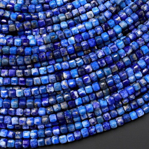 Natural Blue Lapis Gemstone Faceted 3mm 4mm Cube Square Dice Beads 15.5" Strand