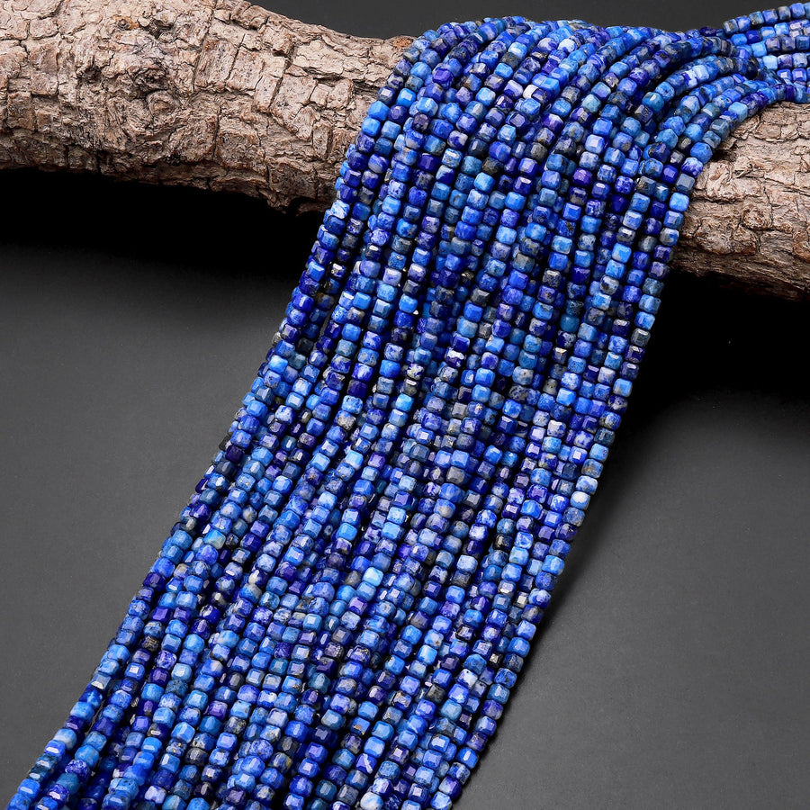 Natural Blue Lapis Gemstone Faceted 3mm 4mm Cube Square Dice Beads 15.5" Strand