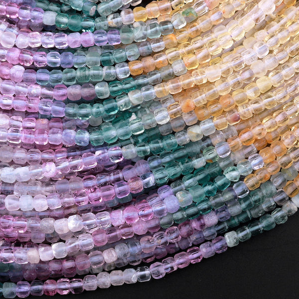 AAA Natural Fluorite Faceted 3mm Cube Square Beads Colorful Purple PInk Blue Green Yellow Gemstone 15.5" Strand