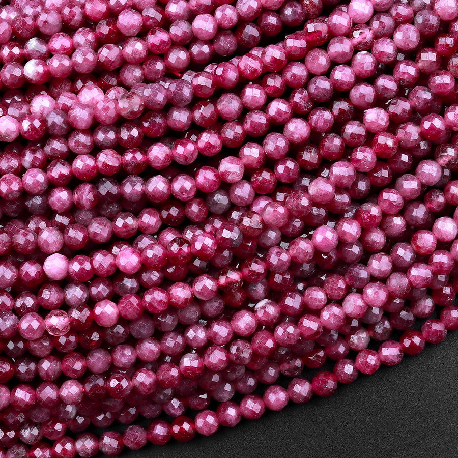 Faceted Natural Red Pink Rubellite Tourmaline 2mm 3mm 4mm Round Beads Micro Diamond Cut Gemstone 15.5" Strand