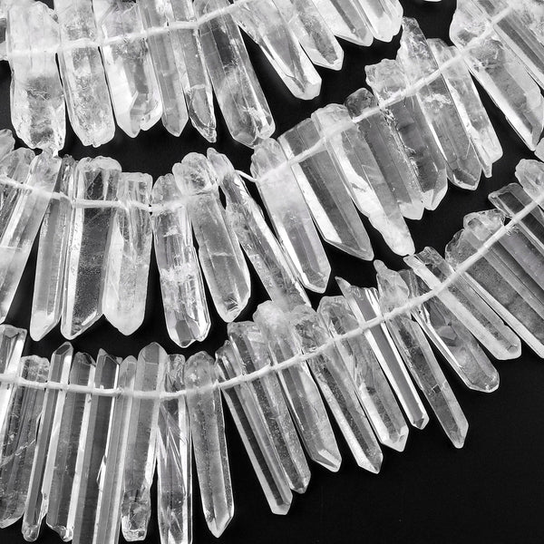 Matte Unpolished Natural Rock Crystal Quartz Beads Point Top Drilled Quartz Crystal Sticks Spikes Freeform 15.5" Strand