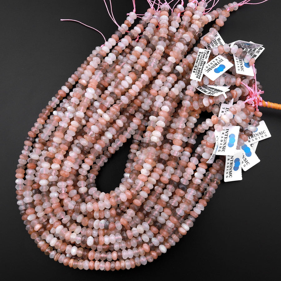 AAA Natural Multicolor Moonstone 5mm 6mm 7mm Faceted Rondelle Peach Creamy White Moonstone 15.5" Strand