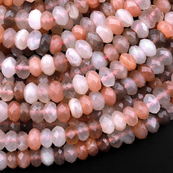 AAA Natural Multicolor Moonstone 5mm 6mm 7mm Faceted Rondelle Peach Creamy White Moonstone 15.5" Strand