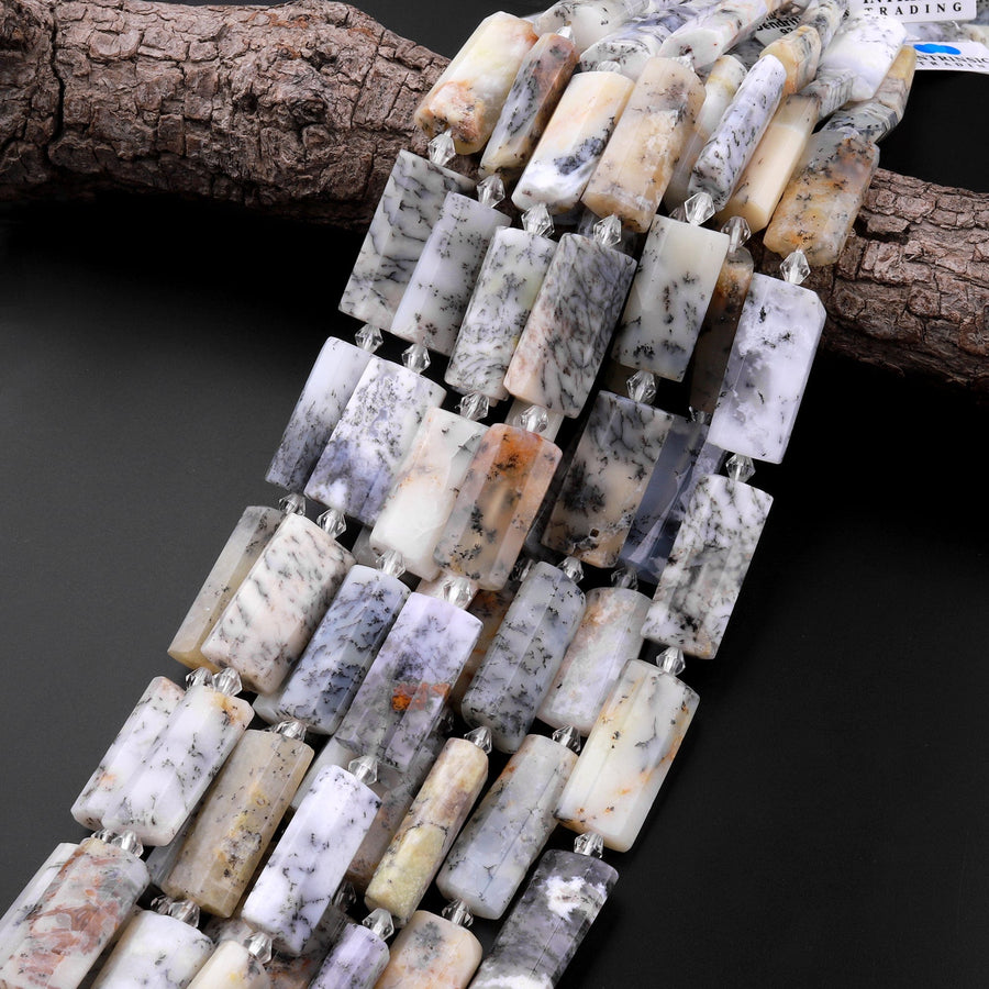 Natural Dendritic Opal Beads Faceted Flat Long Rectangle 15.5" Strand