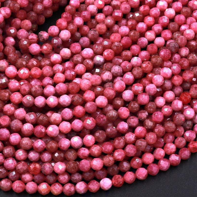 Micro Faceted Natural Pink Red Thulite 3mm 4mm Round Beads Diamond Cut Gemstone From Norway 15.5" Strand