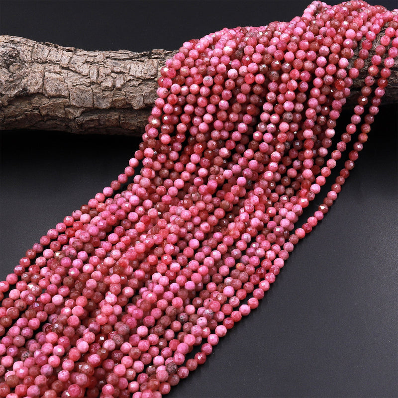 Micro Faceted Natural Pink Red Thulite 3mm 4mm Round Beads Diamond Cut Gemstone From Norway 15.5" Strand