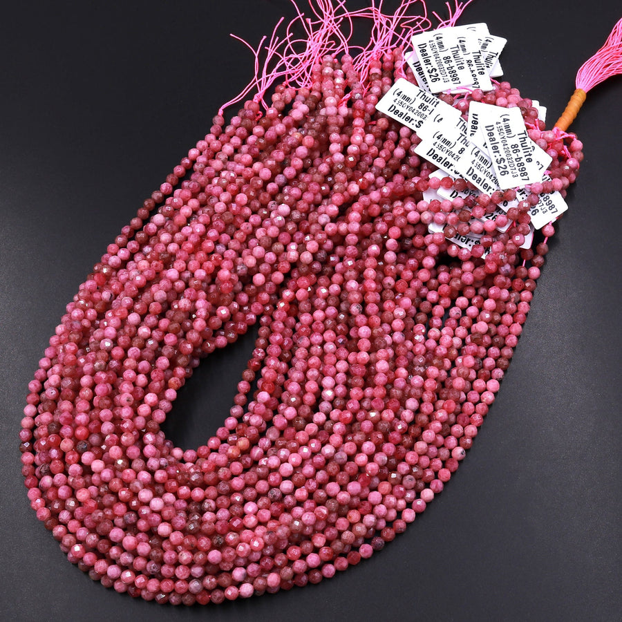 Micro Faceted Natural Pink Red Thulite 3mm 4mm Round Beads Diamond Cut Gemstone From Norway 15.5" Strand