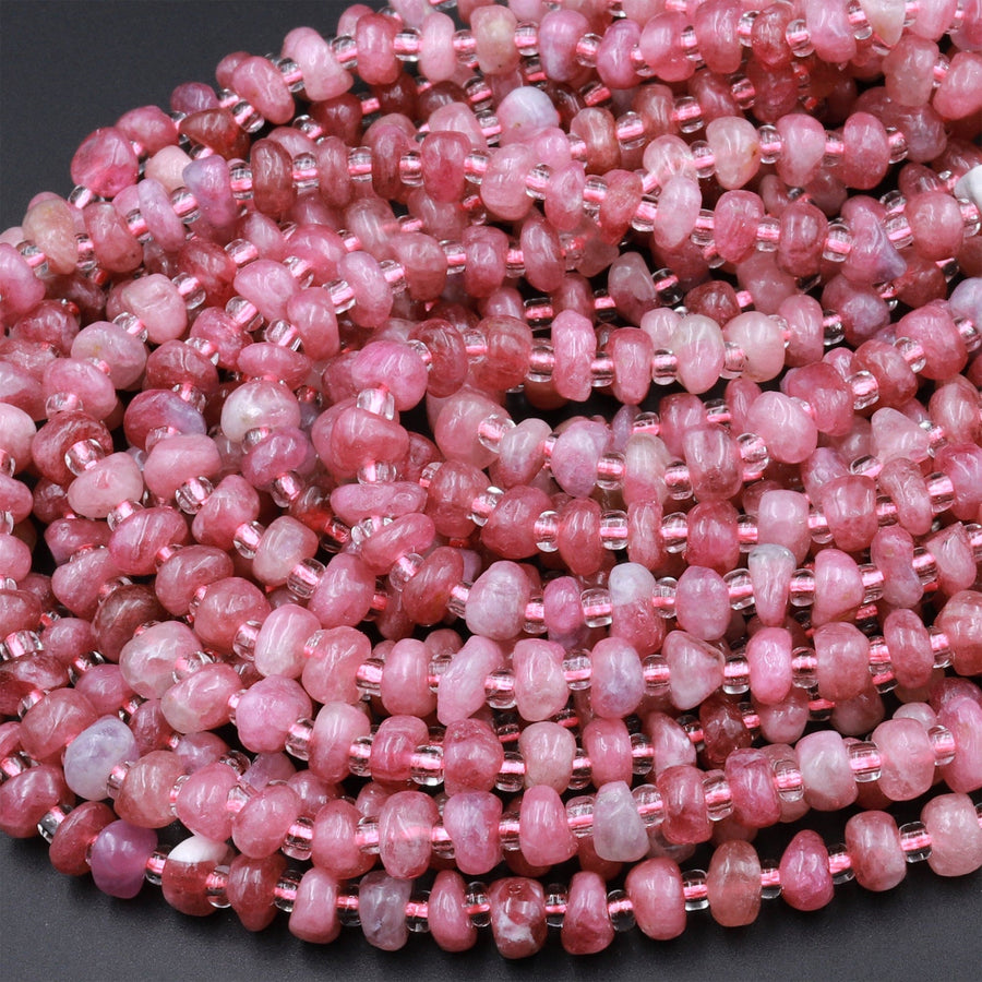 Natural Pink Tourmaline Beads 6mm 8mm Freeform Center Drilled Rondelle Disc Organic Cut Nuggets 15.5" Strand