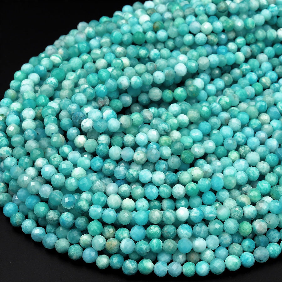 Russian Amazonite Faceted Round Beads 4mm 6mm 8mm Micro Faceted  Stunning Natural Sea Blue Green Laser Diamond Cut Gemstone 16" Strand