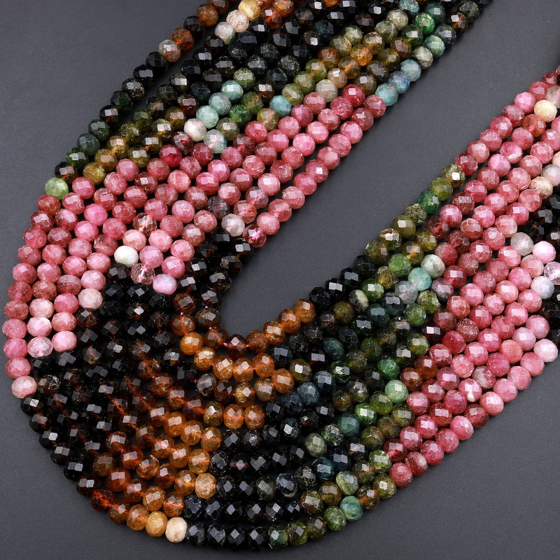 AA Natural Multicolor Watermelon Tourmaline Micro Faceted Rondelle Beads 3mm 4mm 5mm 6mm Pink Green Blue Cognac Gemstone 15.5" Strand