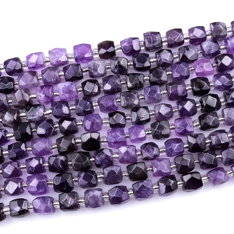 Natural Purple Amethyst Faceted 9mm 10mm Dice Cube Square Beads 15.5" Strand