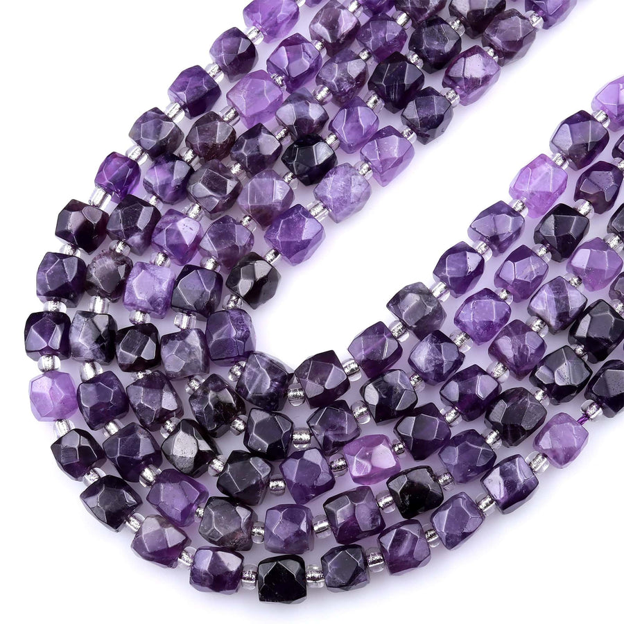 Natural Purple Amethyst Faceted 9mm 10mm Dice Cube Square Beads 15.5" Strand