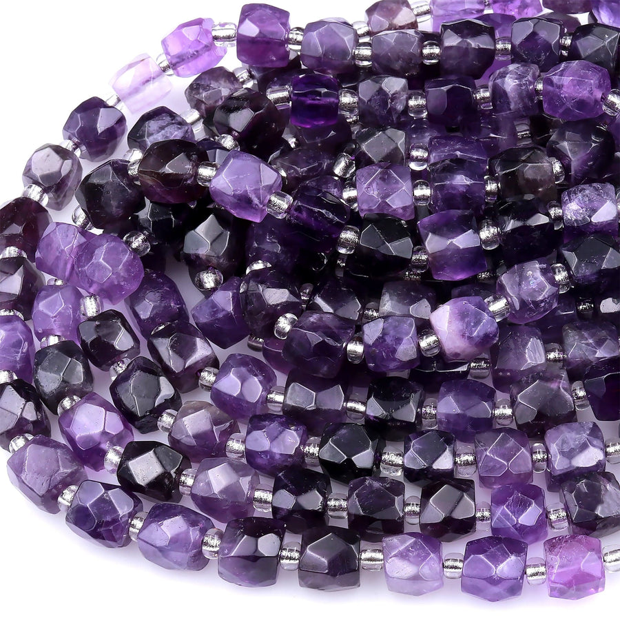 Natural Purple Amethyst Faceted 9mm 10mm Dice Cube Square Beads 15.5" Strand