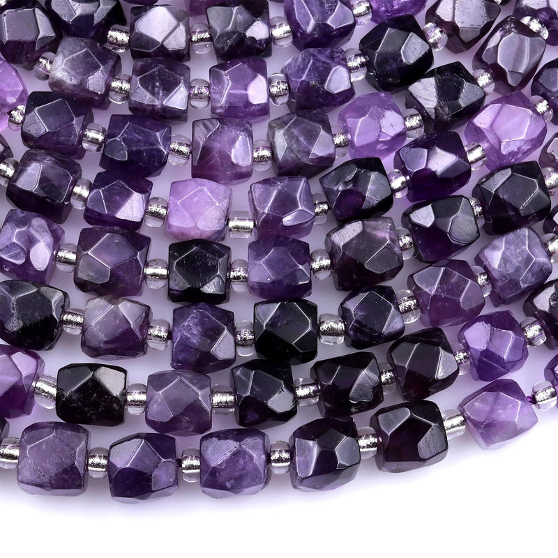 Natural Purple Amethyst Faceted 9mm 10mm Dice Cube Square Beads 15.5" Strand
