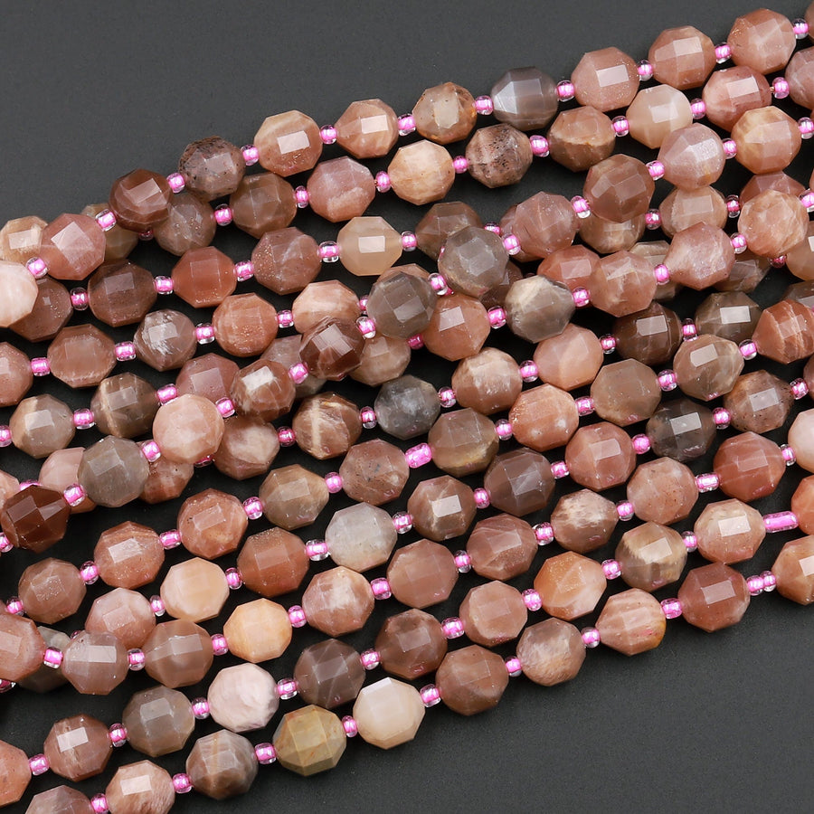 AAA Multicolor Peach Gray Moonstone 8mm 10mm Beads Faceted Energy Prism Double Terminated Point Cut 15.5" Strand