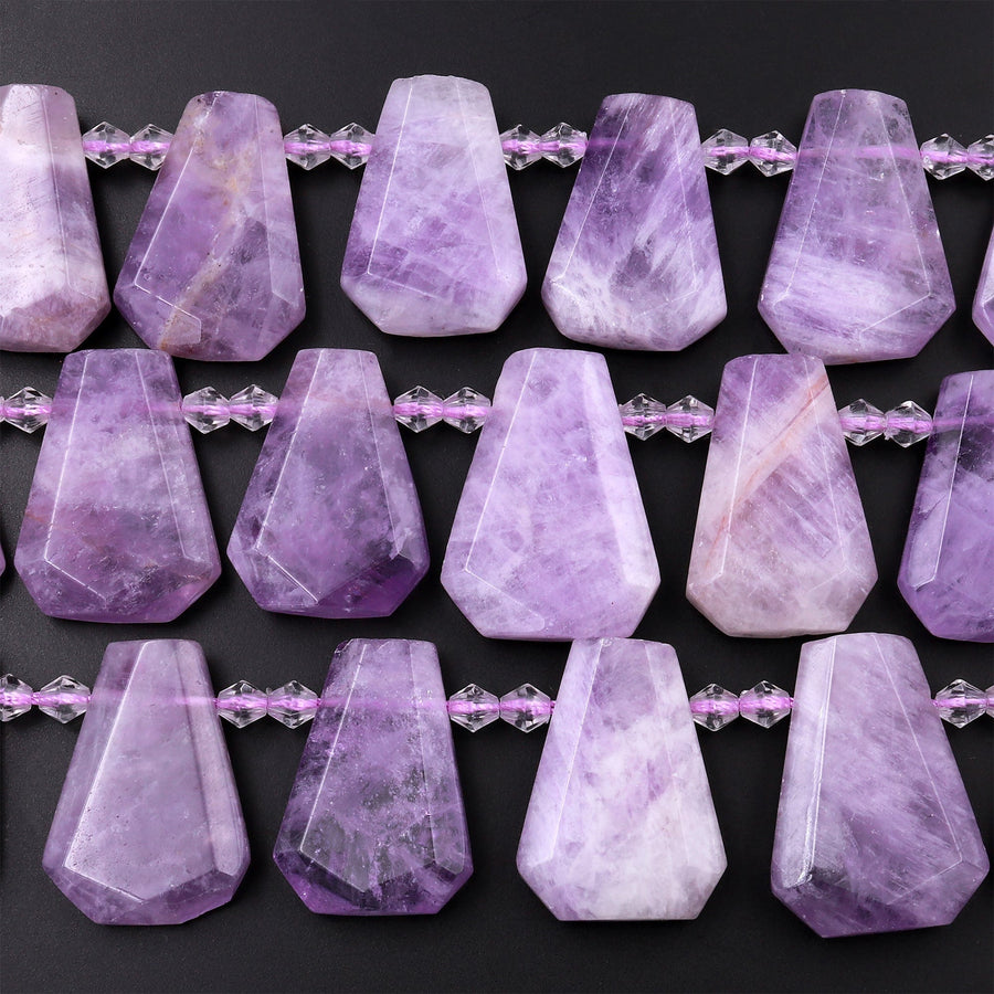 Natural Purple Amethyst Faceted Trapezoid Rectangle Cushion Beads Unique Tapered Teardrop Shape Cut Good for Focal Pendant 15.5" Strand