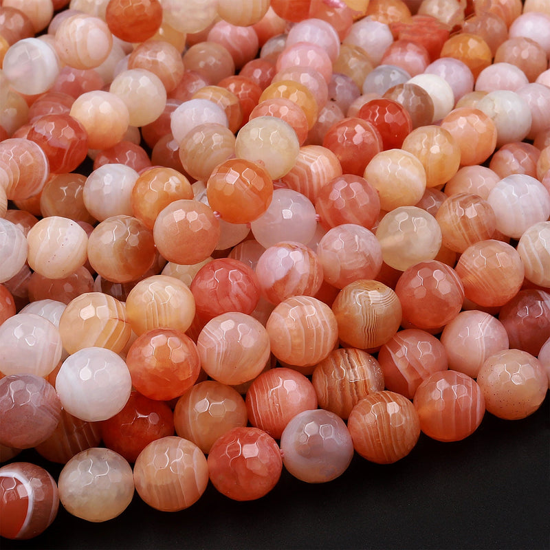 AAA Faceted Natural Orange Red Peach Pink Botswana Agate 6mm 8mm 10mm 12mm Round Beads Sparkling Dazzling Vibrant Gemstone 15.5" Strand