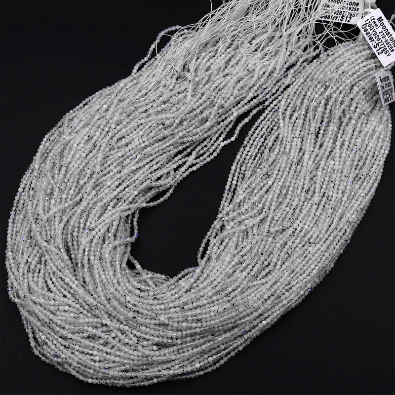 Micro Faceted Natural Rainbow Moonstone Round Beads 2mm 3mm 4mm Faceted Round Beads Interesting Blue Fires 16" Strand
