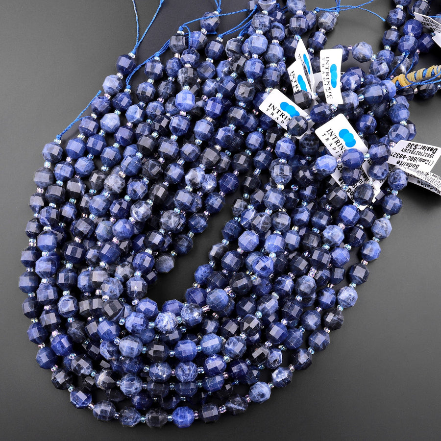 Natural Blue Sodalite 8mm 10mm Beads Rounded Faceted Energy Prism Double Terminated Points 15.5" Strand