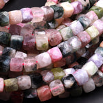 Natural Multicolor Green Pink Tourmaline Faceted 6mm Cube Dice Square Beads Micro Laser Diamond Cut Gemstone 15.5" Strand