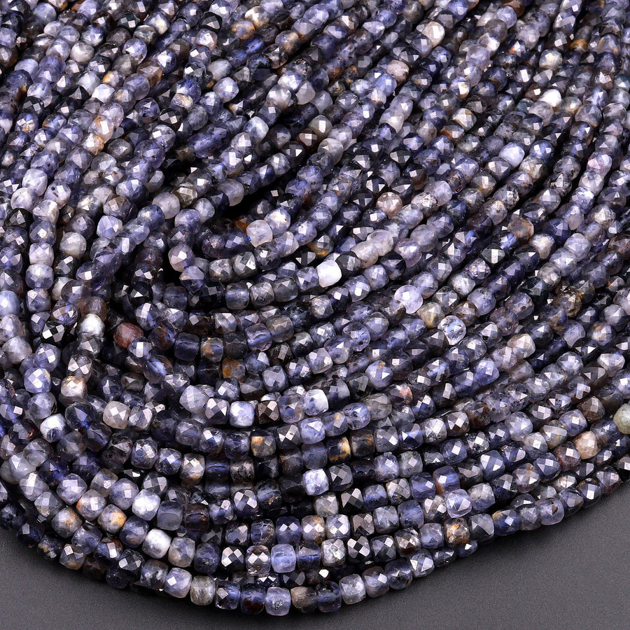 Natural Iolite Faceted 4mm Cube Dice Square Beads Micro Laser Diamond Cut Gemstone 15.5" Strand