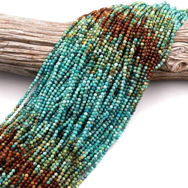 Genuine Natural Turquoise 2mm Faceted Round Beads Multicolor Blue Green Brown Turquoise Micro Faceted Diamond Cut 15.5" Strand