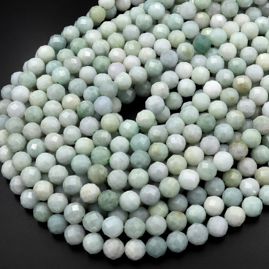 Natural Green Burmese Jade 6mm 8mm Faceted Round Beads Real Genuine Gemstone 15.5" Strand