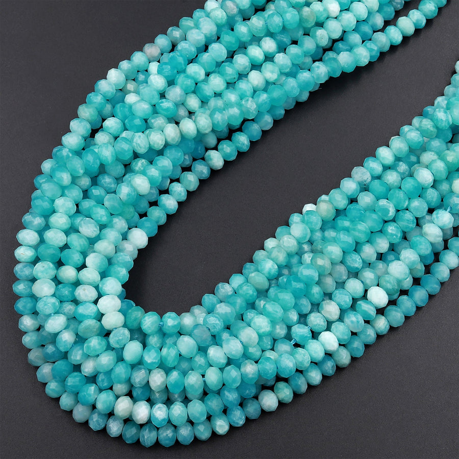Peruvian Amazonite 5mm Faceted Rondelle Beads Small Micro Faceted Natural Sea Blue Green Gemstone Top Quality Peru Amazonite 16" Strand