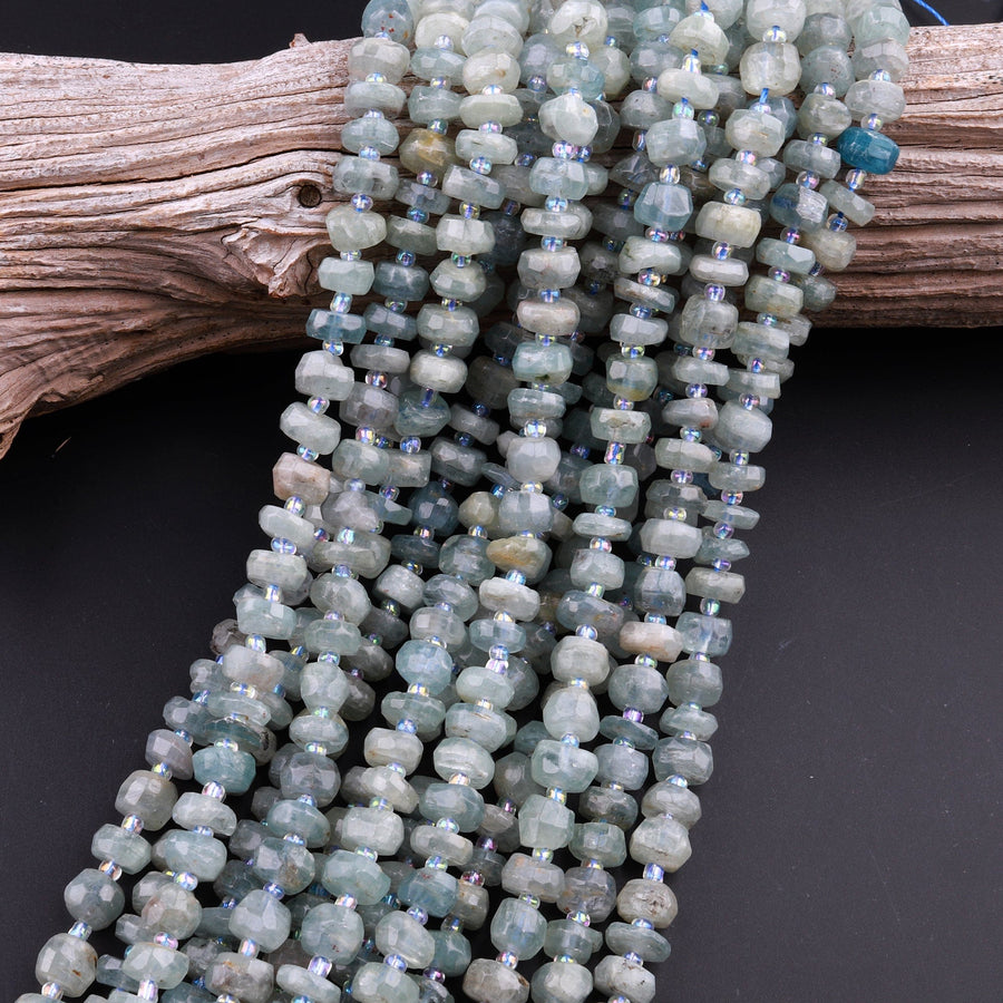 Rare Teal Green Kyanite Faceted Rondelle Freeform Irregular Hand Cut 15.5" Strand