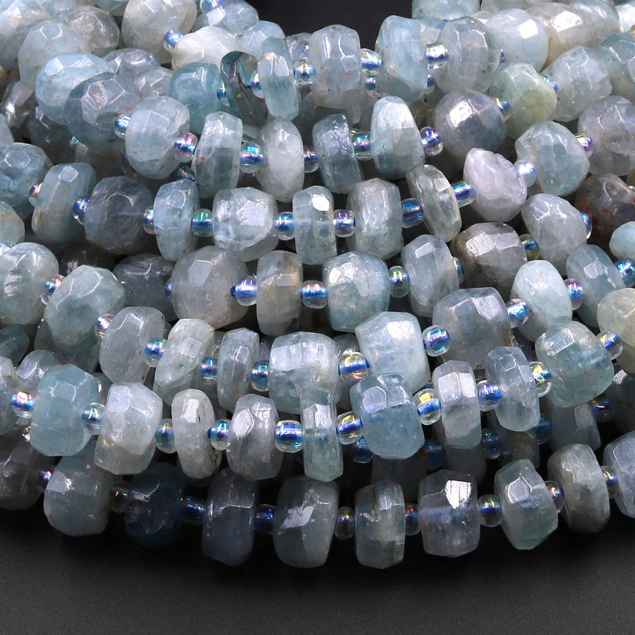 Rare Teal Green Kyanite Faceted Rondelle Freeform Irregular Hand Cut 15.5" Strand