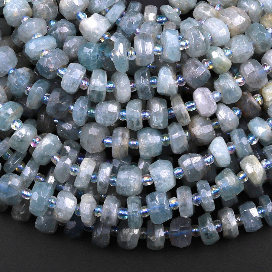 Rare Teal Green Kyanite Faceted Rondelle Freeform Irregular Hand Cut 15.5" Strand