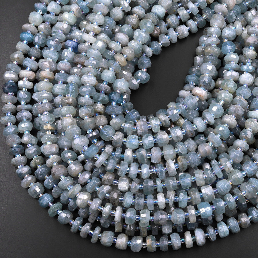 Rare Teal Green Kyanite Faceted Rondelle Freeform Irregular Hand Cut 15.5" Strand