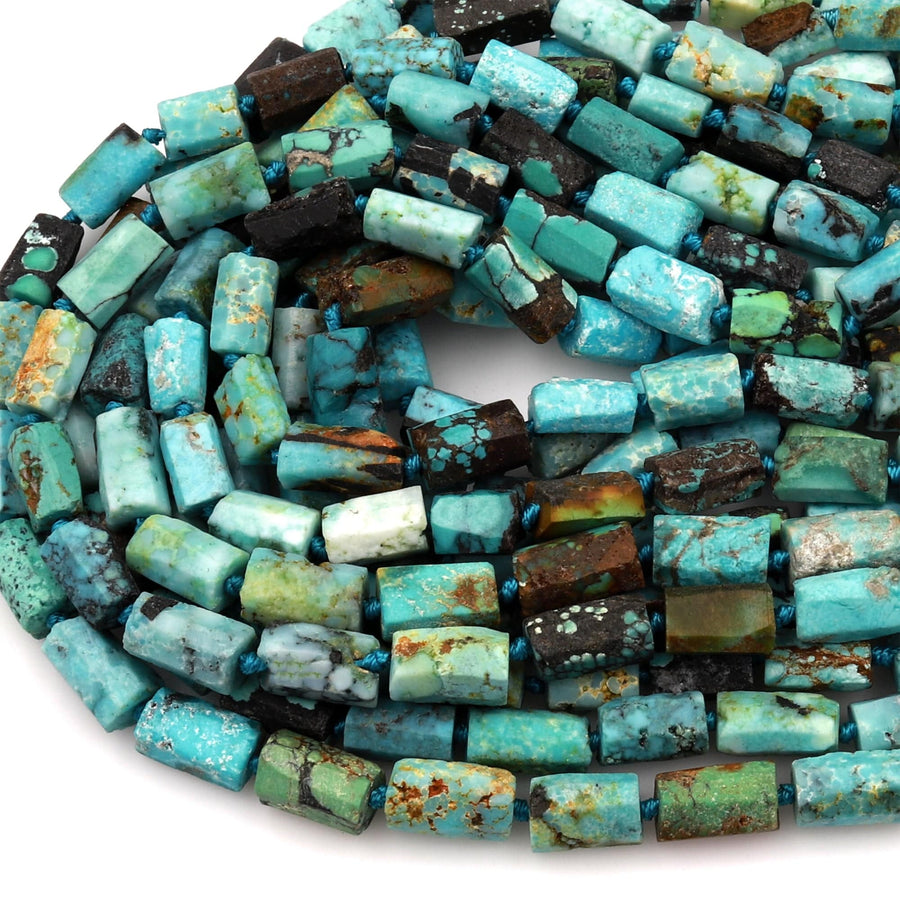 Genuine Natural Dragon Skin Turquoise Faceted Tube Beads Real Blue Green Turquoise Gemstone 15.5" Strand