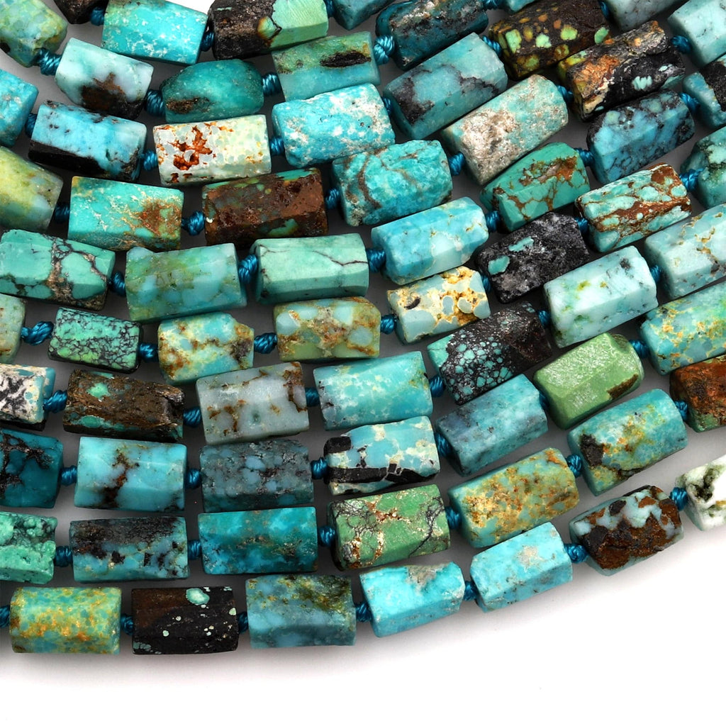 Genuine Natural Dragon Skin Turquoise Faceted Tube Beads Real Blue Green Turquoise Gemstone 15.5" Strand