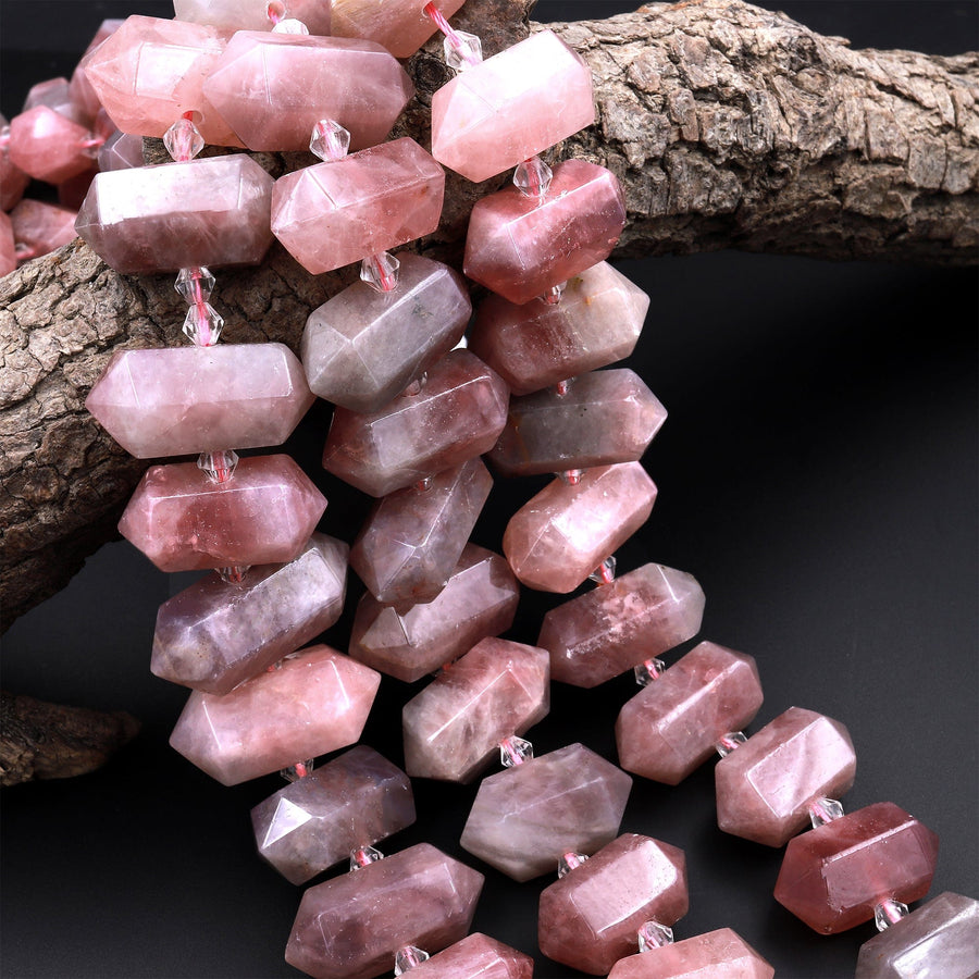 Natural Mauve Pink Rose Quartz Faceted Double Terminated Points Center Drilled Focal Pendant Bead Bullet Bicone 15.5" Strand