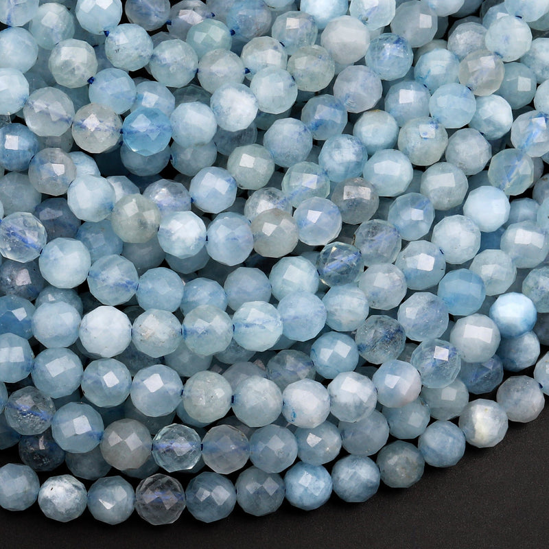 Micro Faceted Natural Aquamarine 4mm 6mm Faceted Round Beads Laser Diamond Cut Real Genuine Blue Aquamarine Gemstone 15.5" Strand