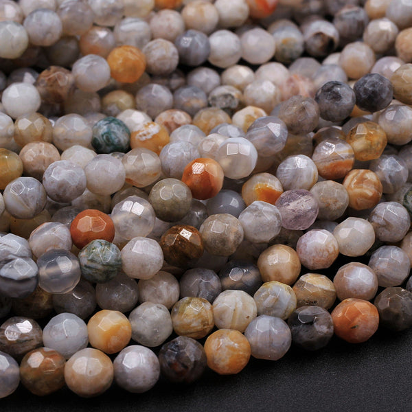 Faceted Bamboo Agate 4mm Round Beads Small Natural Grey Yellow Green Agate 16" Strand