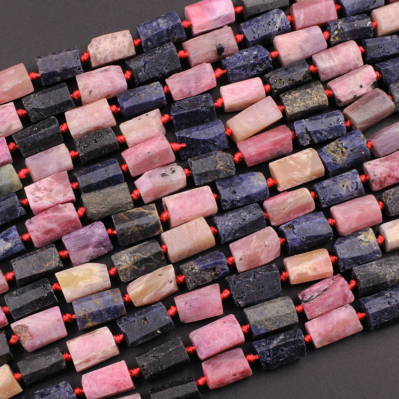 Raw Rough Natural Pink Ruby Blue Sapphire Faceted Rectangle Tube Matte Beads Genuine Red Ruby Blue Sapphire Gemstone 15.5" Strand