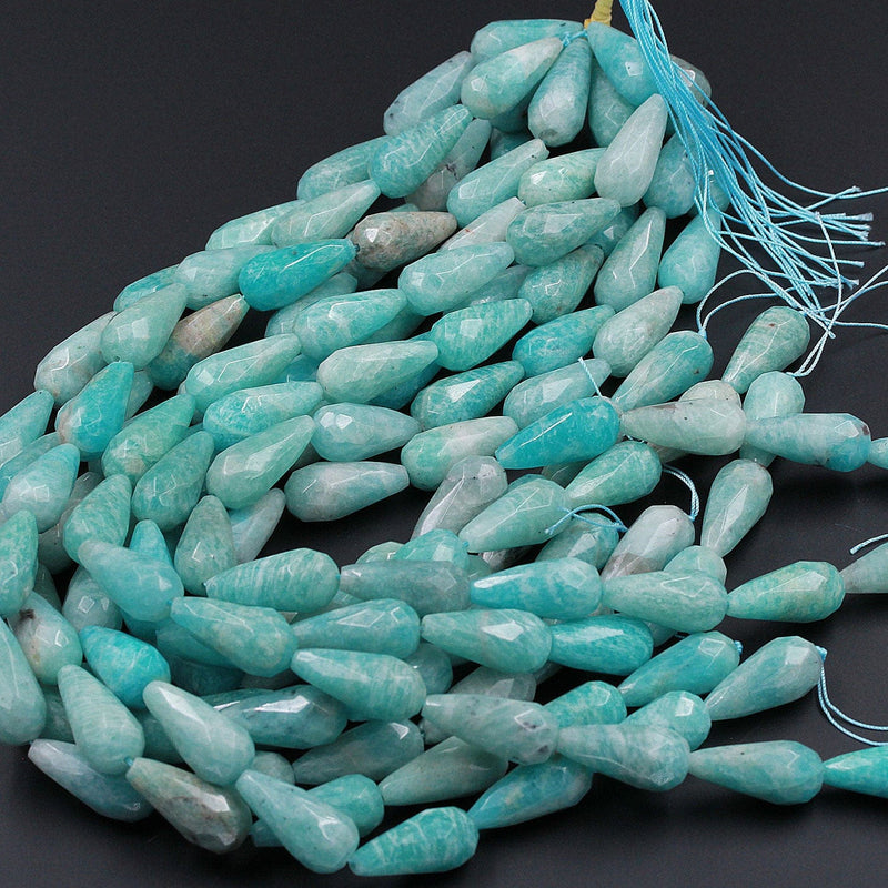 Gorgeous Faceted Natural Peruvian Amazonite Long Teardrop Beads Vertically Drilled Focal Sea Blue Green Teardrop Bead 16" Strand