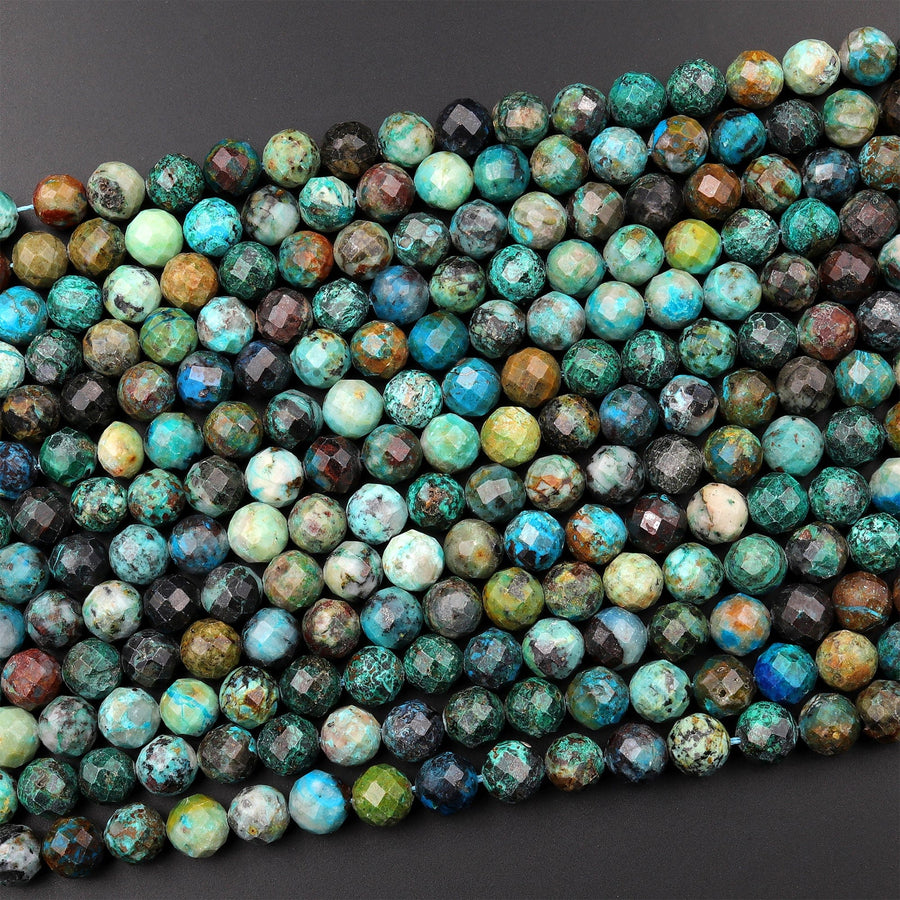 AAA Micro Faceted Natural Chrysocolla Azurite Round Beads 5mm 6mm Laser Diamond Cut Blue Green Gemstone 15.5" Strand
