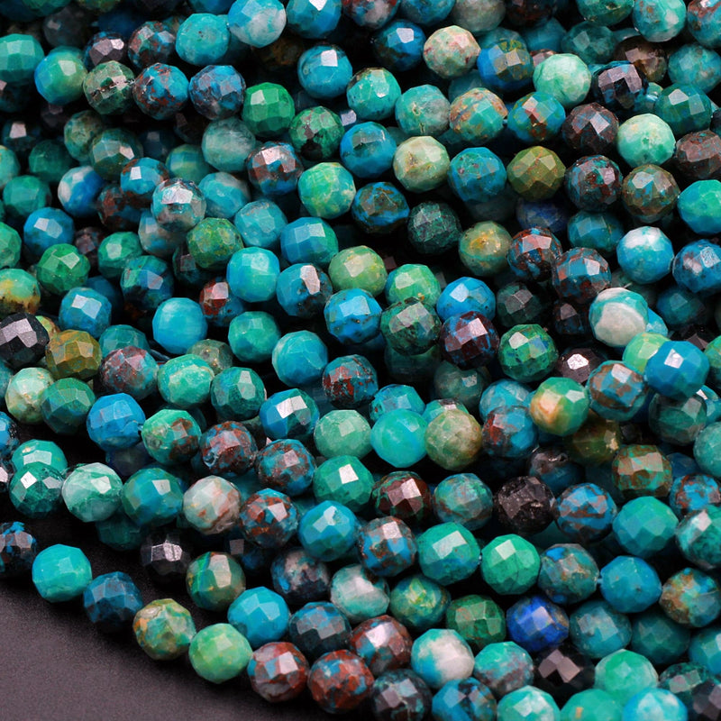 AA Natural Blue Chrysocolla Azurite 3mm 4mm 5mm Faceted Round Bead Laser Diamond Cut Gemstone 15.5" Strand