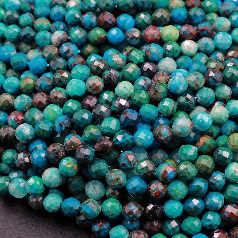 AA Natural Blue Chrysocolla Azurite 3mm 4mm 5mm Faceted Round Bead Laser Diamond Cut Gemstone 15.5" Strand