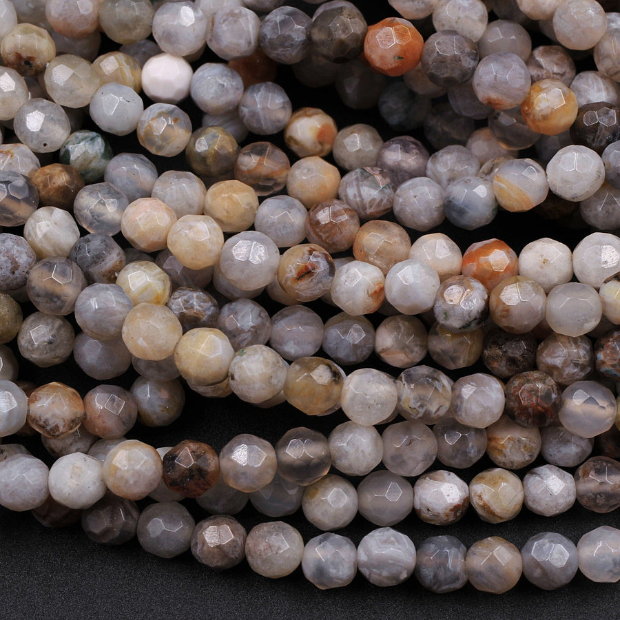 Faceted Bamboo Agate 4mm Round Beads Small Natural Grey Yellow Green Agate 16" Strand